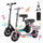 Collection of kids' electric scooters in black and pink, including stand-up and seated ride-on models with colorful LED light-up decks. Musical note icons, a child riding the scooter, and a smartphone app interface highlight Bluetooth music playback, app connectivity, and a fun, child-friendly riding experience.